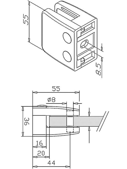 Zintec Glass Clamp Square Type Flat Back